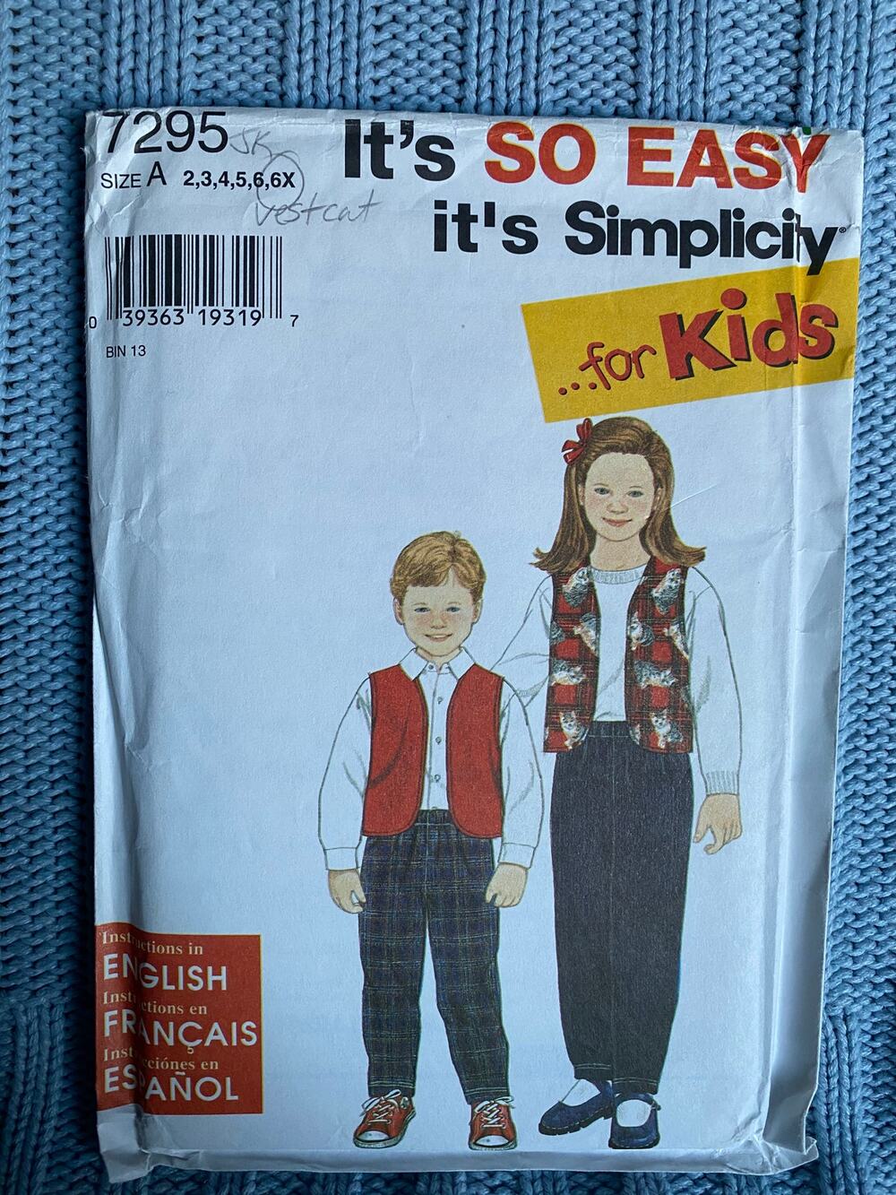 Simplicity 7295 Sewing pattern kids vest pants size 2 3 4 5 6 6x